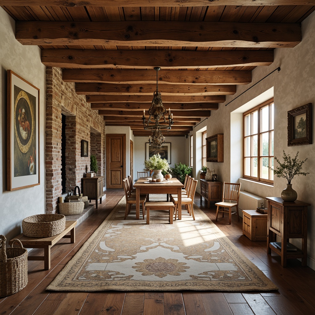 Prompt: Rustic farmhouse, reclaimed wood flooring, distressed finishes, wide plank boards, oak wood, wooden beams, stone tile inlays, natural fiber rugs, woven baskets, vintage decor, earthy tones, soft warm lighting, shallow depth of field, 1/1 composition, realistic textures, ambient occlusion.