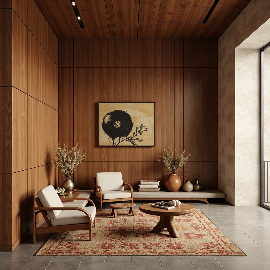 Prompt: Rich walnut wood tones, warm beige walls, retro patterned rugs, sleek low-profile furniture, brass accents, geometric shapes, organic curves, natural textiles, earthy terracotta pottery, abstract expressionist artwork, soft golden lighting, cozy intimate spaces, 2/3 composition, shallow depth of field, realistic renderings, ambient occlusion.