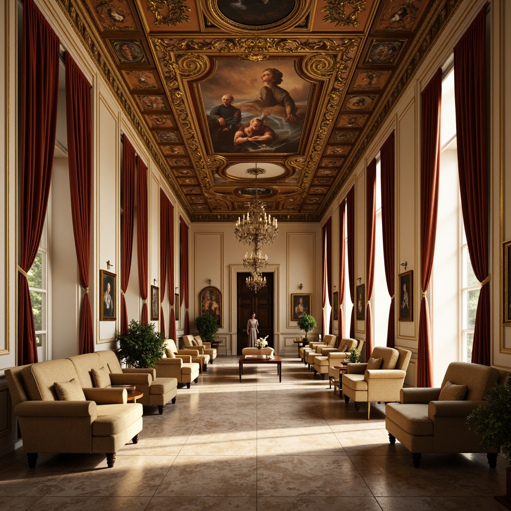 Prompt: Luxurious Renaissance-style interior, warm golden lighting, rich wood paneling, ornate furnishings, velvet drapes, marble floors, intricate carvings, gilded accents, soft cream walls, muted earth tones, warm beige upholstery, majestic columns, grand chandeliers, elaborate frescoes, subtle texture overlays, atmospheric ambient occlusion, shallow depth of field, 3/4 composition, realistic textures.