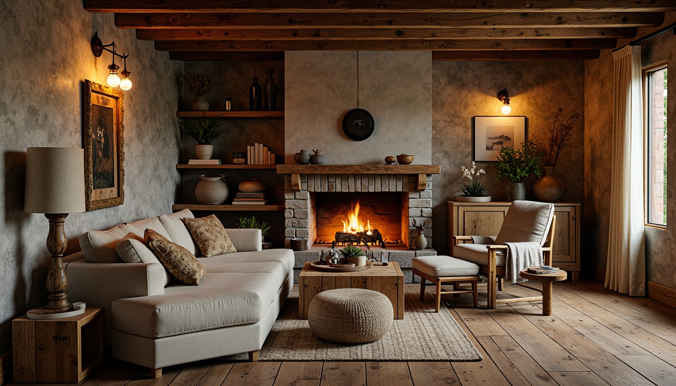 Prompt: Rustic cabin, reclaimed wood planks, earthy tones, natural stone walls, rough-hewn wooden beams, cozy fireplace, warm ambient lighting, plush furniture, woven textiles, vintage decor, distressed finishes, exposed brick accents, rugged metal fixtures, organic shapes, nature-inspired patterns, soft warm colors, inviting atmosphere, 1/1 composition, shallow depth of field, realistic textures.