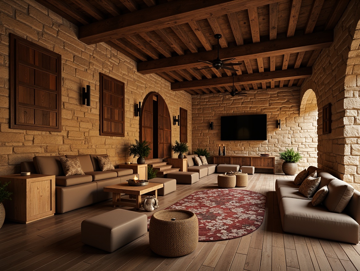 Prompt: Rustic auditorium, wooden beam ceiling, stone walls, earthy color palette, comfortable seating arrangement, plush cushions, natural textiles, woven baskets, pendant lighting fixtures, wooden floorboards, cozy atmosphere, warm ambient lighting, shallow depth of field, 3/4 composition, realistic textures, ambient occlusion.