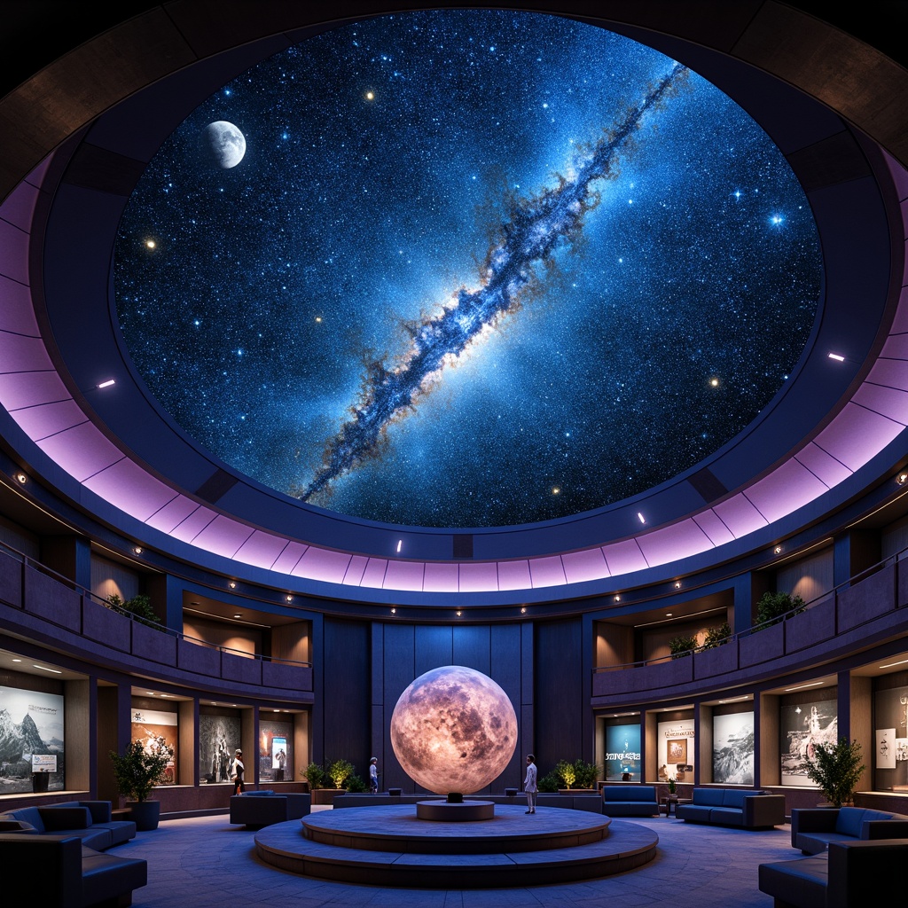 Prompt: Cosmic planetarium, starry night sky, galaxy-inspired ceiling, spherical dome structure, futuristic architecture, sleek metal accents, dark blue and purple hues, ambient LED lighting, constellation patterns, celestial bodies projections, 3D astronomical visualizations, surround sound systems, comfortable seating areas, interactive exhibits, educational displays, space exploration themes, nebula-inspired color scheme, soft warm glow, shallow depth of field, panoramic view, realistic textures.