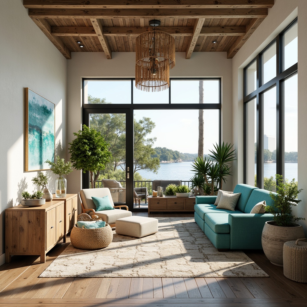 Prompt: Coastal-themed office, calming turquoise accents, driftwood furniture, natural woven textiles, ocean-inspired artwork, coral-patterned rugs, sea-glass chandeliers, distressed wood paneling, nautical rope details, weathered metal decor, seaside-scented candles, airy open spaces, large windows, sliding glass doors, beachy plants, sunny day, soft warm lighting, shallow depth of field, 3/4 composition, panoramic view, realistic textures, ambient occlusion.