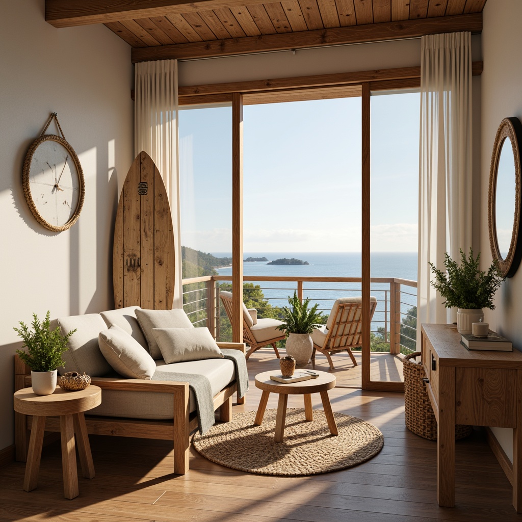 Prompt: Cozy dorm room, soft warm lighting, beachy vibes, driftwood furniture, natural linen textiles, calming ocean views, large windows, sliding glass doors, woven sea grass rugs, whitewashed wooden accents, nautical rope details, vintage surfboard decor, relaxed ambiance, morning sunlight, gentle sea breeze, 1/1 composition, shallow depth of field, warm color palette, realistic wood textures, ambient occlusion.