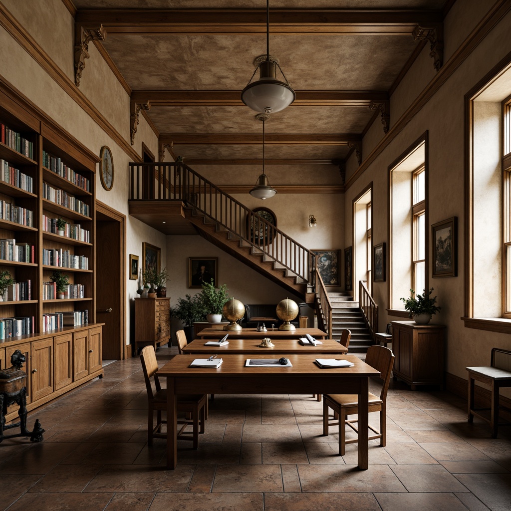 Prompt: Traditional classroom, wooden desks, vintage chairs, ornate bookshelves, rich wood tones, leather-bound tomes, classic globe lamps, distressed finishes, nostalgic atmosphere, warm beige walls, natural stone floors, grand entrance halls, sweeping staircases, elegant banisters, refined metalwork, subtle ornamentation, muted color palette, soft diffused lighting, 1/1 composition, realistic textures, ambient occlusion.