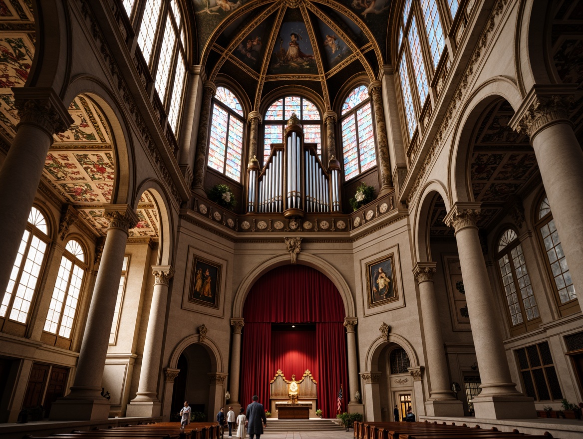 Prompt: Intricate stone carvings, ornate domes, grandiose archways, vibrant stained glass windows, ornamental tiling, luxurious velvet drapes, intricate fresco ceilings, majestic organs, gilded accents, Baroque-inspired architecture, solemn atmosphere, soft warm lighting, dramatic shadows, high-angle shots, 1/1 composition, realistic textures, ambient occlusion.