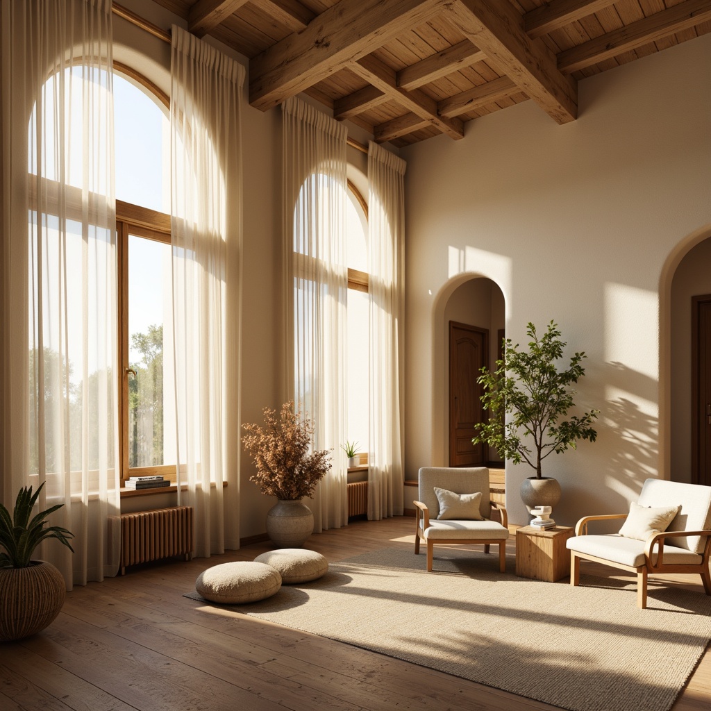 Prompt: Warm beige walls, large windows, soft natural light, sheer curtains, comfortable furnishings, organic textures, earthy tones, wooden accents, minimalist decor, spacious open-plan living areas, elegant archways, subtle color palette, refined architectural details, cozy reading nooks, plush area rugs, warm neutral colors, inviting atmosphere, shallow depth of field, 1/1 composition, realistic rendering, ambient occlusion.