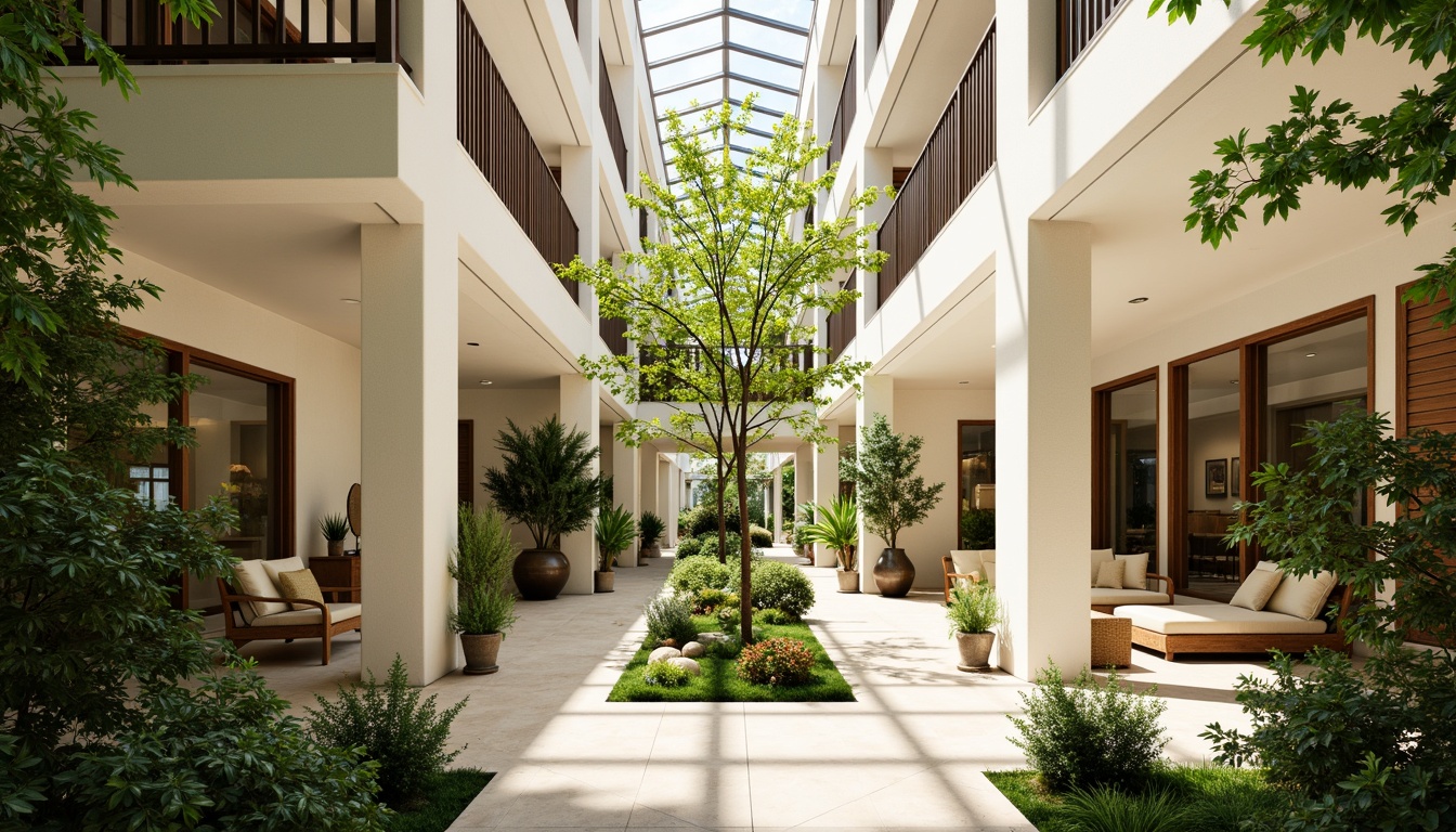 Prompt: Vibrant atrium, lush greenery, floor-to-ceiling windows, clerestory roofs, skylights, open-plan living spaces, minimal obstruction, reflective surfaces, cream-colored walls, polished wooden floors, airy feel, warm atmosphere, soft diffused lighting, shallow depth of field, 1/1 composition, realistic textures, ambient occlusion, natural stone accents, reclaimed wood furniture, organic shapes, earthy color palette.