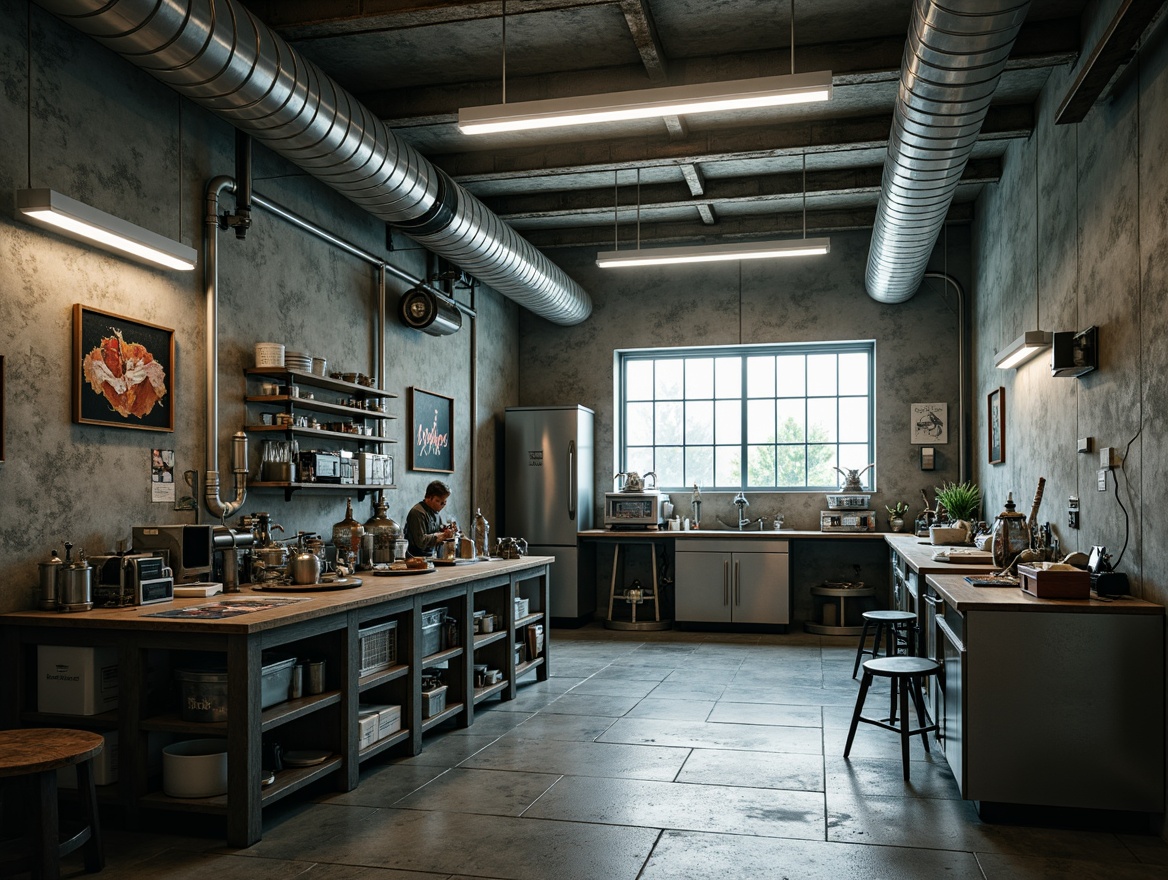 Prompt: Rustic laboratory interior, exposed ductwork, raw concrete walls, industrial metal beams, functional pipes, minimal decorations, brutalist architecture, fluorescent lighting, steel workbenches, experimental equipment, futuristic machinery, metallic surfaces, distressed textures, high-contrast lighting, shallow depth of field, 2/3 composition, cinematic atmosphere, realistic materials.