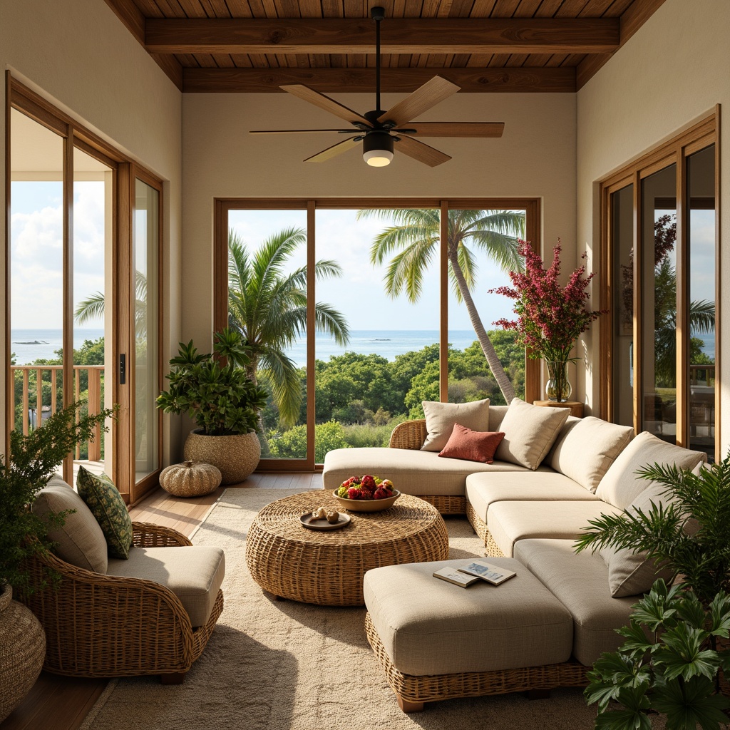 Prompt: Cozy living room, plush sectional sofa, natural wicker furniture, woven rattan coffee table, vibrant greenery, exotic plants, colorful floral arrangements, soft linen upholstery, distressed wood accents, driftwood decor, tropical island vibe, warm beige walls, large windows, sliding glass doors, ocean views, sunny day, warm golden lighting, shallow depth of field, 1/1 composition, realistic textures, ambient occlusion.