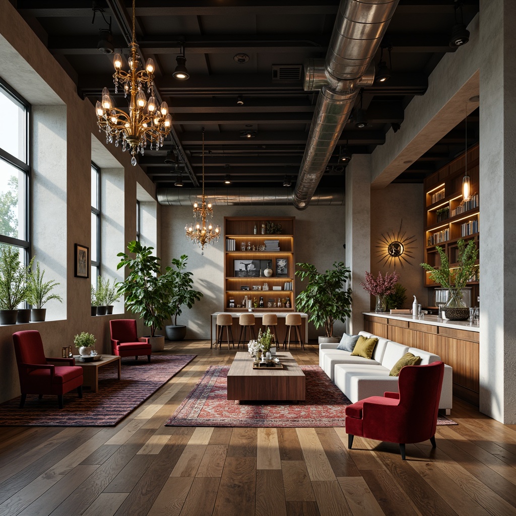 Prompt: Luxurious interior design, bespoke furniture, velvet upholstery, metallic accents, glass chandeliers, marble countertops, reclaimed wood flooring, industrial chic decor, exposed ductwork, polished concrete walls, minimalist color palette, ambient soft lighting, 1/2 composition, shallow depth of field, cinematic rendering, realistic reflections, subtle textures.