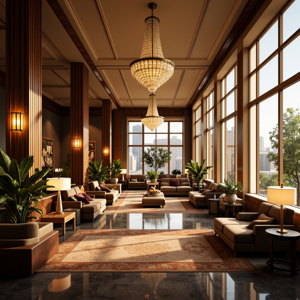 Prompt: Sophisticated interior space, warm golden lighting, crystal chandeliers, floor lamps, table lamps, soft warm glow, elegant furnishings, luxurious fabrics, rich wood tones, marble flooring, high ceilings, large windows, cityscape views, afternoon sunlight, subtle shadows, 1/2 composition, shallow depth of field, realistic textures, ambient occlusion.