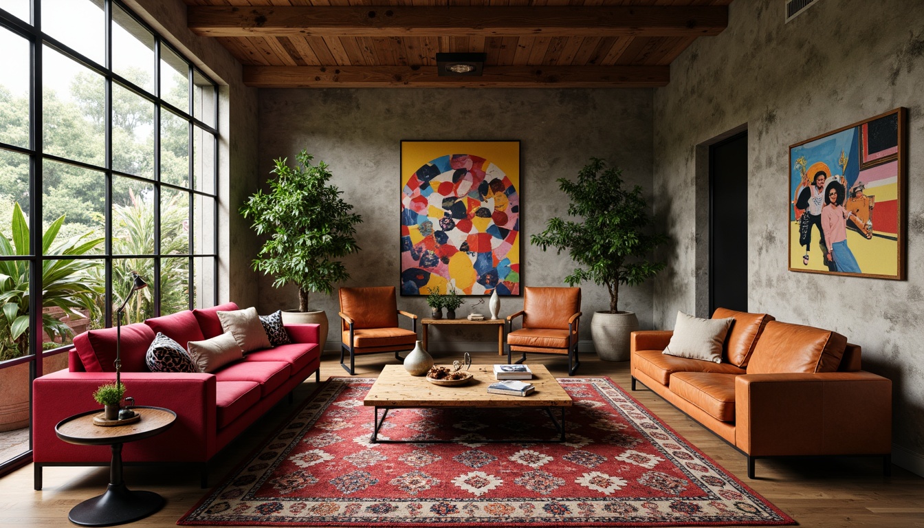 Prompt: Vibrant eclectic living room, plush velvet sofas, reclaimed wood coffee tables, industrial metal lamps, vintage Moroccan rugs, distressed leather armchairs, colorful abstract artwork, lush greenery, natural stone walls, floor-to-ceiling windows, soft warm lighting, shallow depth of field, 3/4 composition, realistic textures, ambient occlusion.