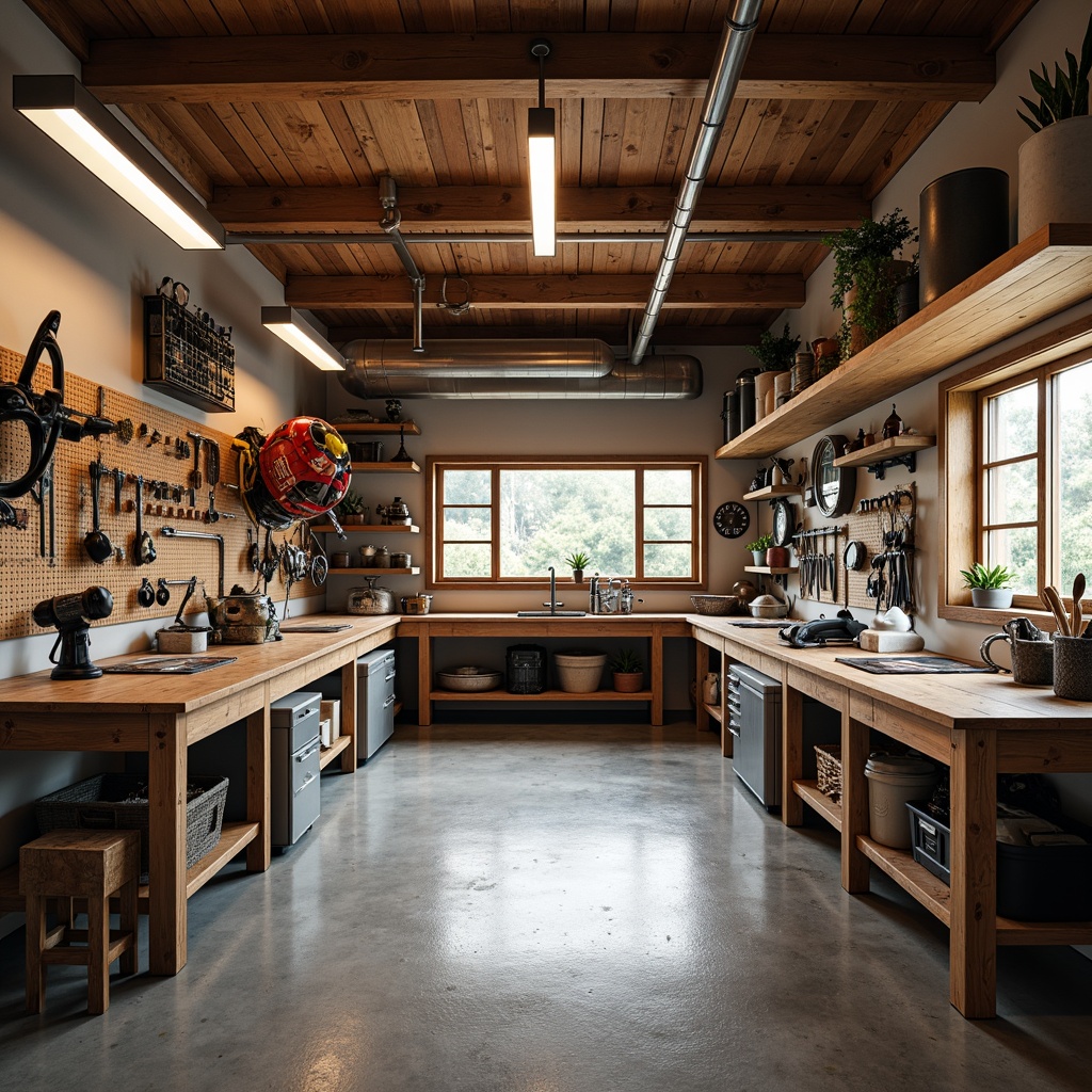 Prompt: Rustic garage interior, wooden workbenches, metal vice grips, tool organizers, pegboards, adjustable shelving units, fluorescent lighting, concrete flooring, industrial-style decor, functional layout, ergonomic seating, modular storage systems, durable work surfaces, hanging bikes, DIY projects, warm color scheme, softbox lighting, shallow depth of field, 2/3 composition, realistic textures.