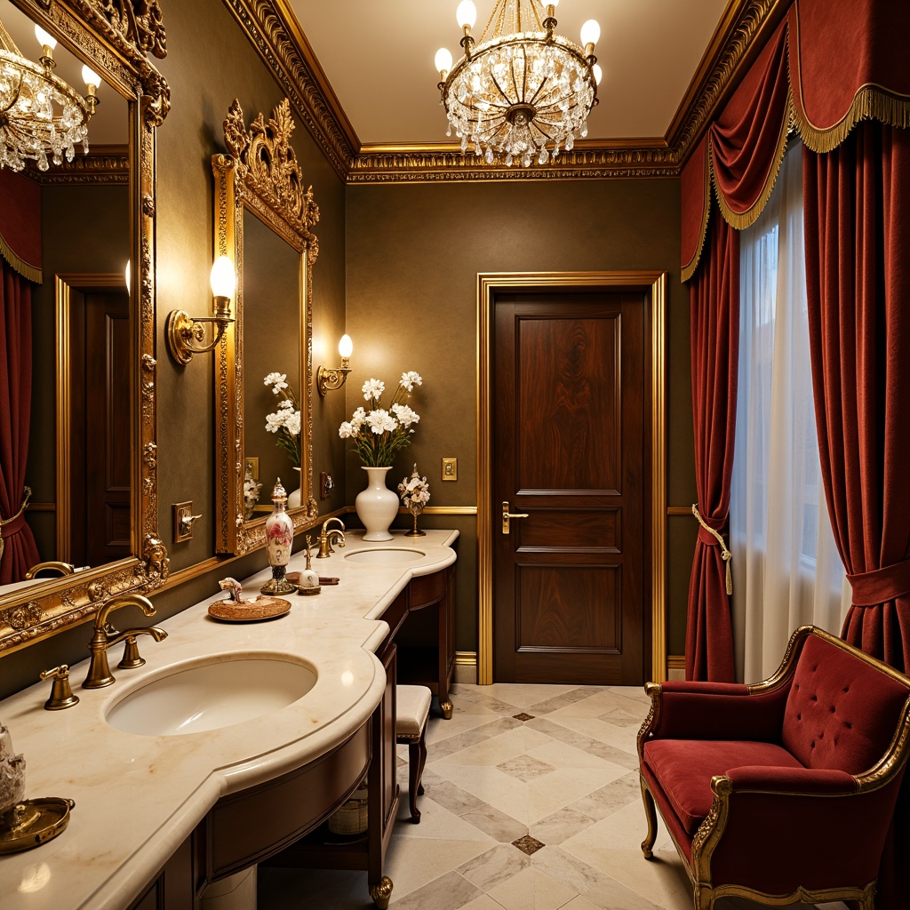 Prompt: Opulent powder room, ornate golden mirrors, lavish chandeliers, soft creamy marble countertops, delicate porcelain vases, intricately carved wooden furniture, plush velvet upholstery, rich jewel-toned wallpaper, gilded frames, antique bronze hardware, crystal door handles, luxurious silk drapes, warm candlelight, shallow depth of field, 1/1 composition, intimate close-up view, realistic textures, subtle ambient occlusion.