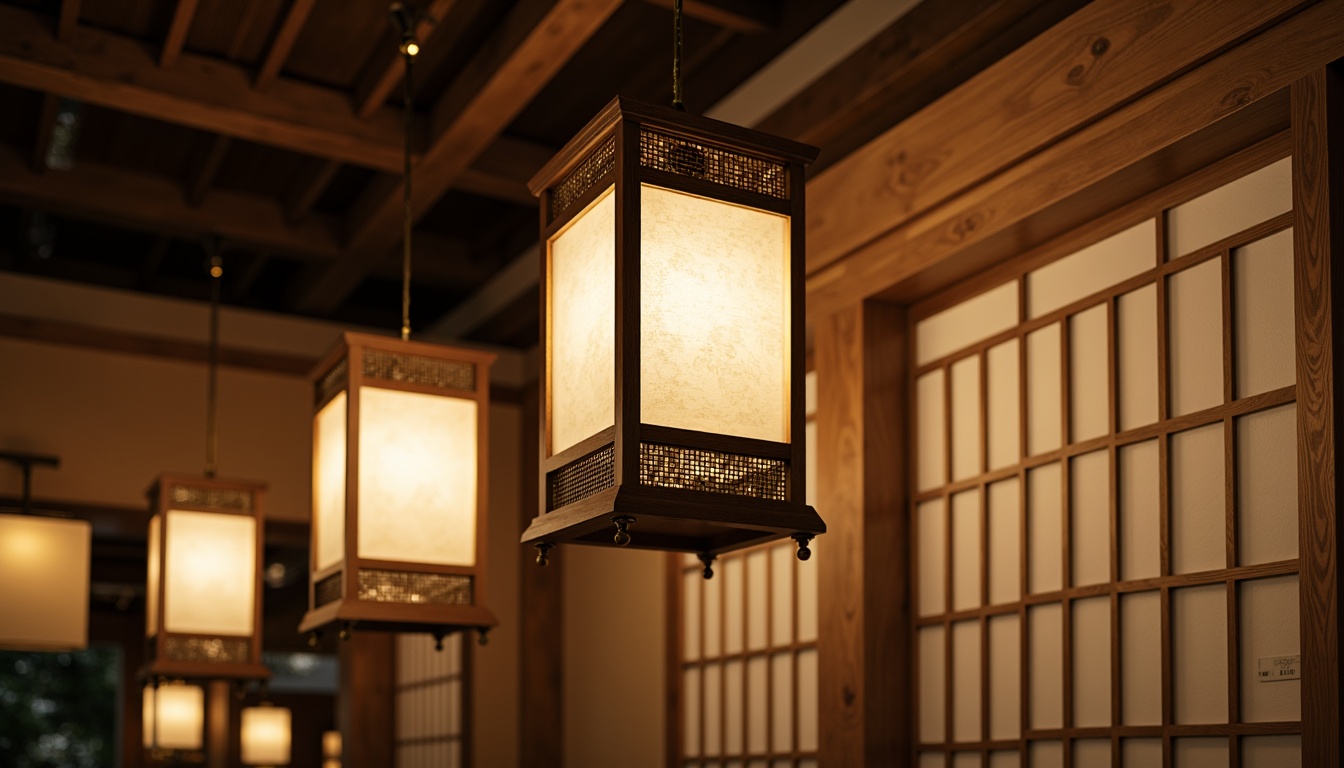 Prompt: Traditional Japanese lanterns, intricately carved wooden fixtures, soft warm glow, paper-thin shades, delicate tassels, bronze accents, minimalist design, natural materials, woven bamboo details, subtle textures, muted color palette, serene ambiance, gentle illumination, low-hanging pendants, rustic metalwork, earthy tones, cultural heritage inspiration, harmonious balance, oriental charm, warm beige hues, subtle patterned screens.