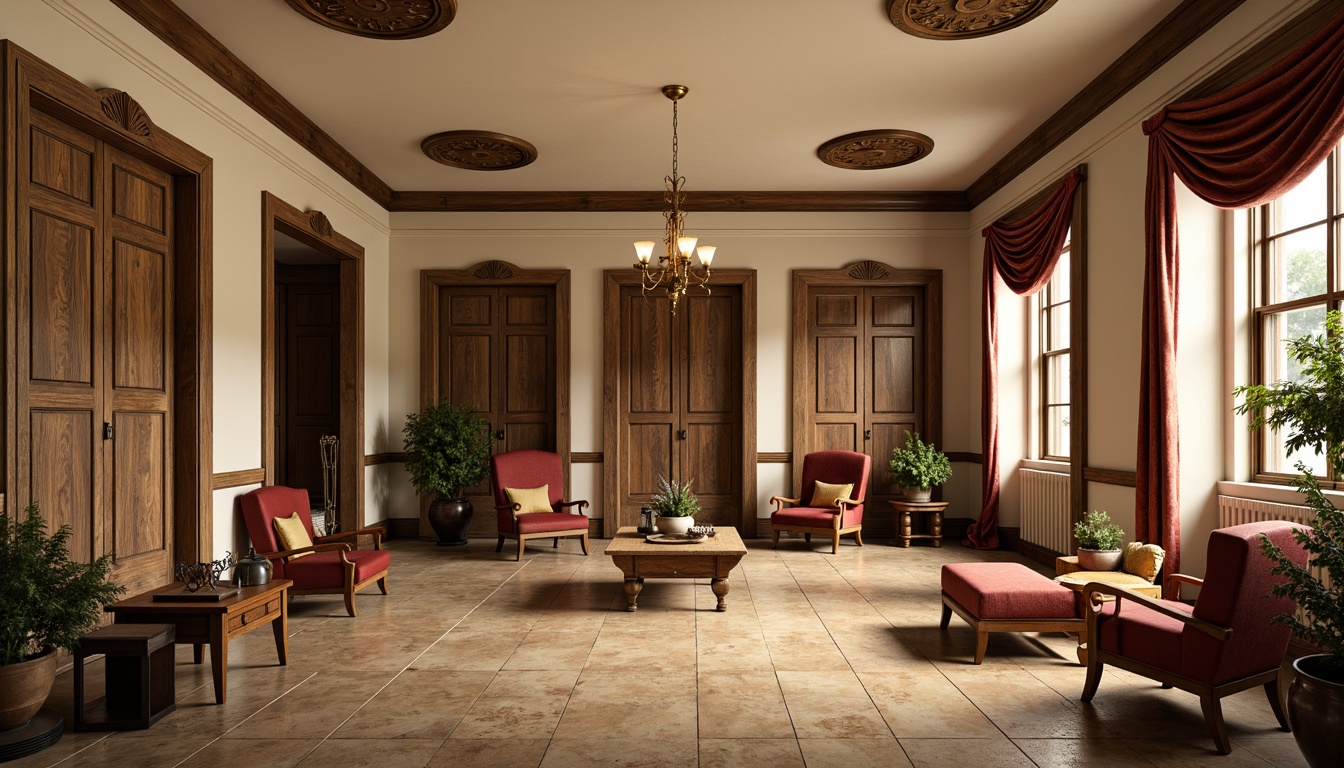 Prompt: Rustic wooden panels, distressed finishes, soft golden lighting, ornate moldings, creamy white walls, decorative ceiling medallions, rich velvet drapes, plush carpeting, antique furniture pieces, vintage decor accents, warm beige stone flooring, elegant chandeliers, subtle texture variations, 1/2 composition, soft focus blur, realistic reflections.