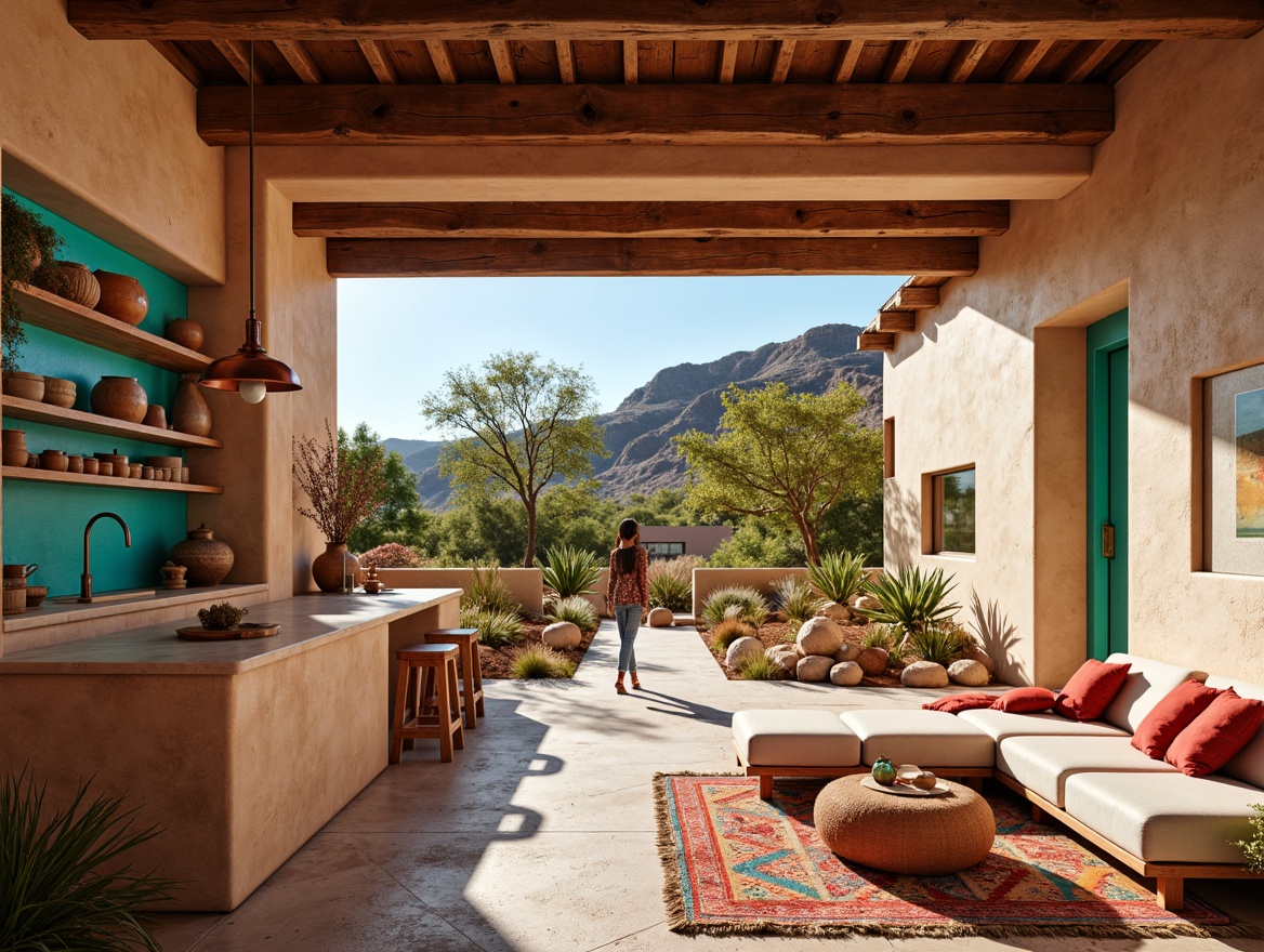 Prompt: Vibrant turquoise accents, warm terracotta pottery, rustic wooden beams, earthy adobe walls, colorful woven blankets, geometric patterned rugs, natural stone countertops, rich wood cabinetry, copper pendant lights, modern southwestern architecture, desert landscape views, cactus plants, bright sunny day, soft warm lighting, shallow depth of field, 3/4 composition, realistic textures, ambient occlusion.