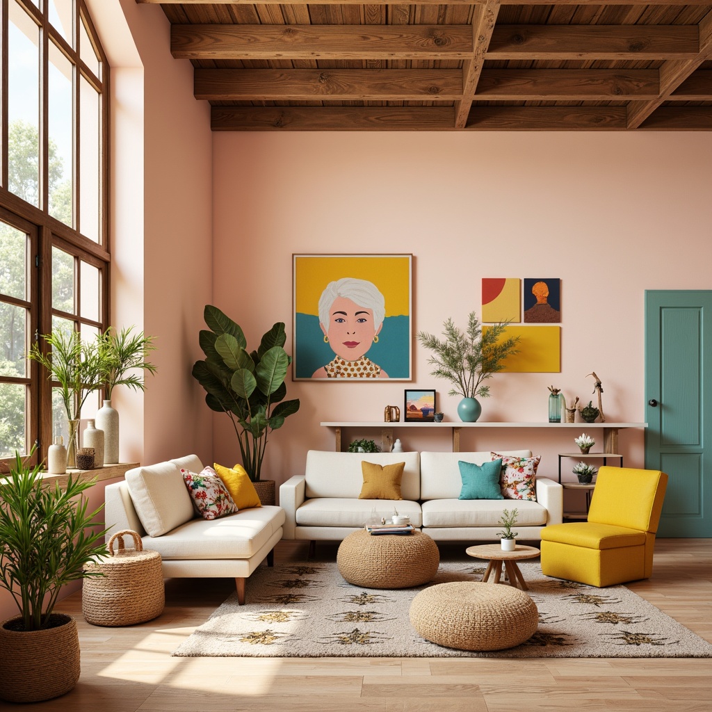 Prompt: Vibrant art studio, modern minimalist interior, pastel color scheme, soft peach walls, rich turquoise accents, creamy white furniture, bold yellow statement pieces, natural wood textures, industrial metal decor, eclectic artwork, bohemian-inspired rugs, abstract geometric patterns, warm golden lighting, shallow depth of field, 1/1 composition, realistic renderings, ambient occlusion.