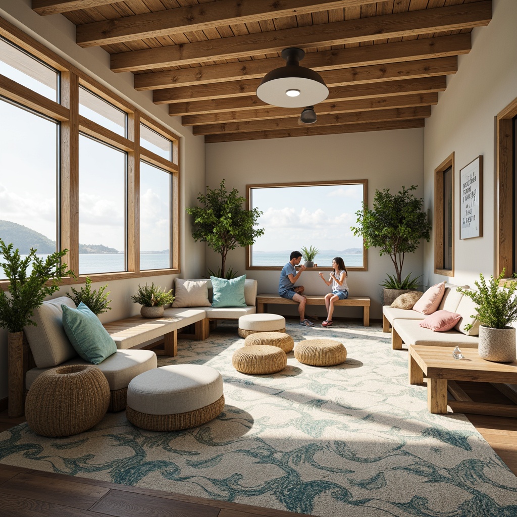 Prompt: Cozy youth center, coastal-themed interior, plush carpeting, natural wood accents, soft ocean-inspired color palette, calming wave patterns, nautical rope details, comfortable seating areas, oversized pillows, rustic wooden benches, woven sea grass textures, beachy vibe, warm sunny lighting, shallow depth of field, 1/1 composition, realistic renderings, ambient occlusion.