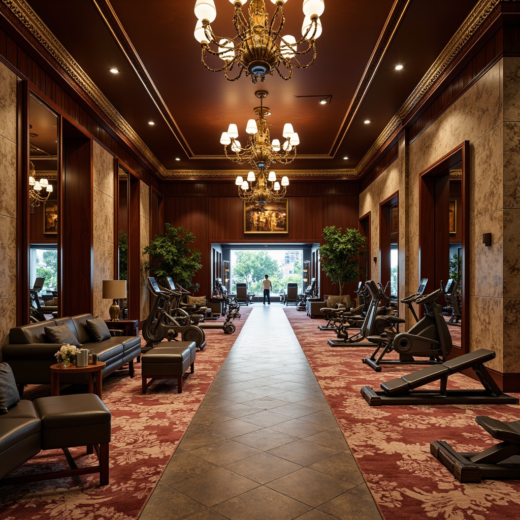 Prompt: Luxurious fitness club, rich wood accents, ornate mirrors, classic chandeliers, plush carpets, state-of-the-art equipment, free weights area, cardio zone, strength training machines, yoga studio, spinning room, locker rooms, saunas, steam rooms, showers, towel service, juice bar, lounge seating, natural stone walls, high ceilings, grand entrance, dramatic lighting, warm color scheme, 1/2 composition, shallow depth of field, realistic textures.