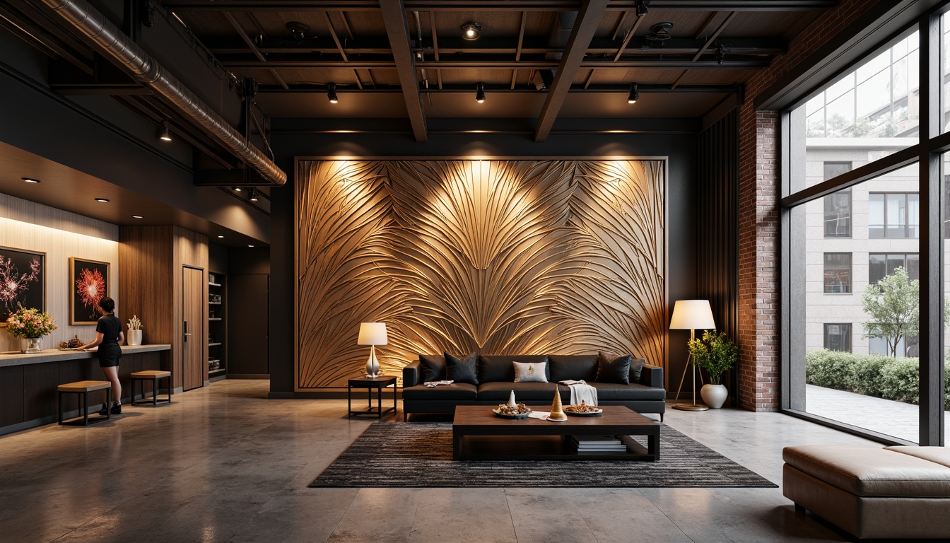 Prompt: Luxurious accent wall, metallic finishes, geometric patterns, textured surfaces, 3D sculpted designs, bold color statements, statement lighting fixtures, high-gloss paint, abstract artwork, modern minimalist decor, sleek lines, industrial chic vibes, polished concrete floors, exposed brick walls, reclaimed wood accents, sophisticated urban loft atmosphere, warm ambient lighting, shallow depth of field, 1/1 composition, realistic textures, subtle reflections.