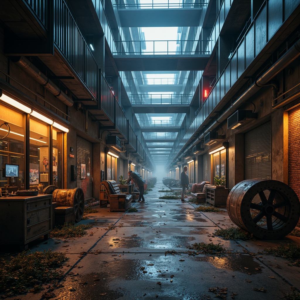 Prompt: Abandoned industrial site, rusty machinery, worn concrete floors, distressed brick walls, metal catwalks, exposed ductwork, futuristic architecture, sleek metallic surfaces, neon accents, vibrant LED lighting, cyberpunk atmosphere, urban cityscape, dramatic fog effects, low-key warm lighting, 3/4 composition, shallow depth of field, realistic metallic textures, ambient occlusion.