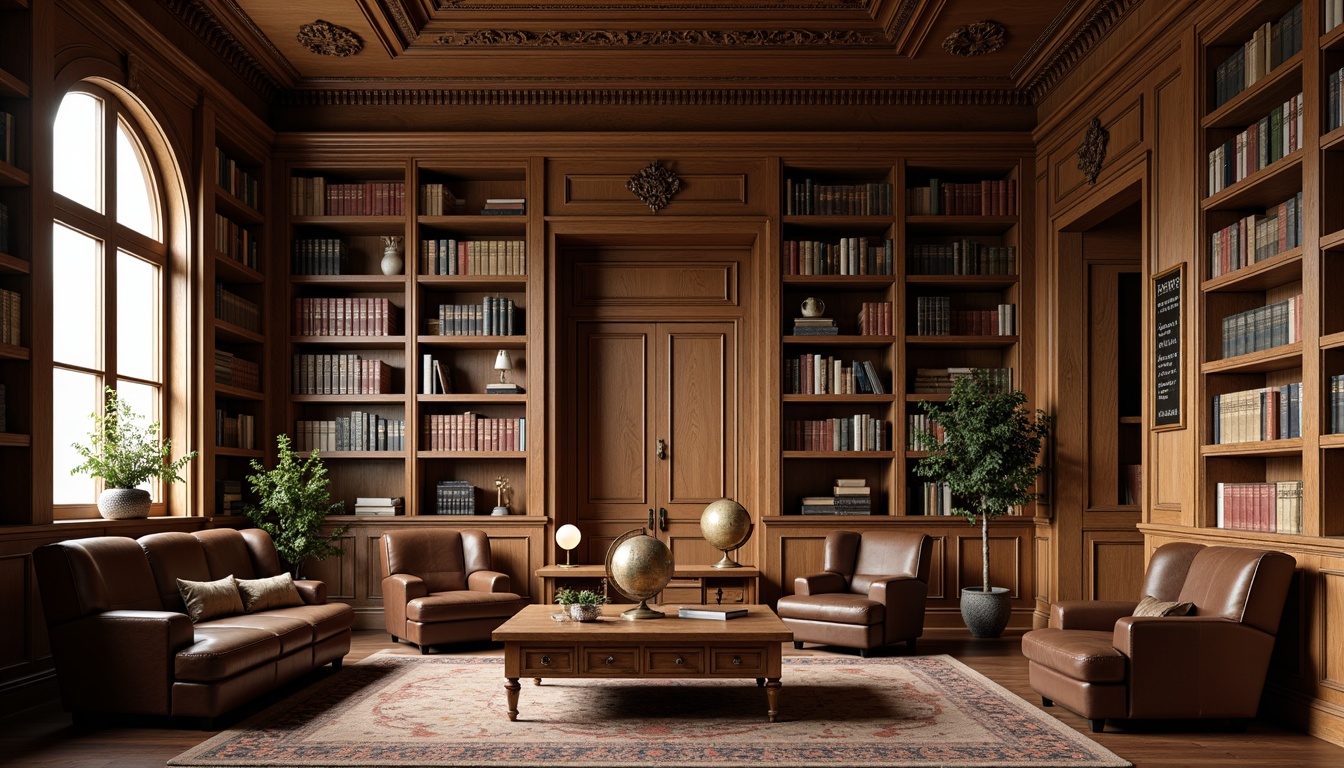 Prompt: Elegant academic library, rich wood tones, ornate moldings, floor-to-ceiling bookshelves, ladder access, studious atmosphere, warm soft lighting, comfortable reading nooks, plush armchairs, wooden desks, leather-bound books, vintage globes, sophisticated color palette, subtle patterns, minimalist decor, cozy corners, natural textures, shallow depth of field, 2/3 composition, realistic rendering, ambient occlusion.