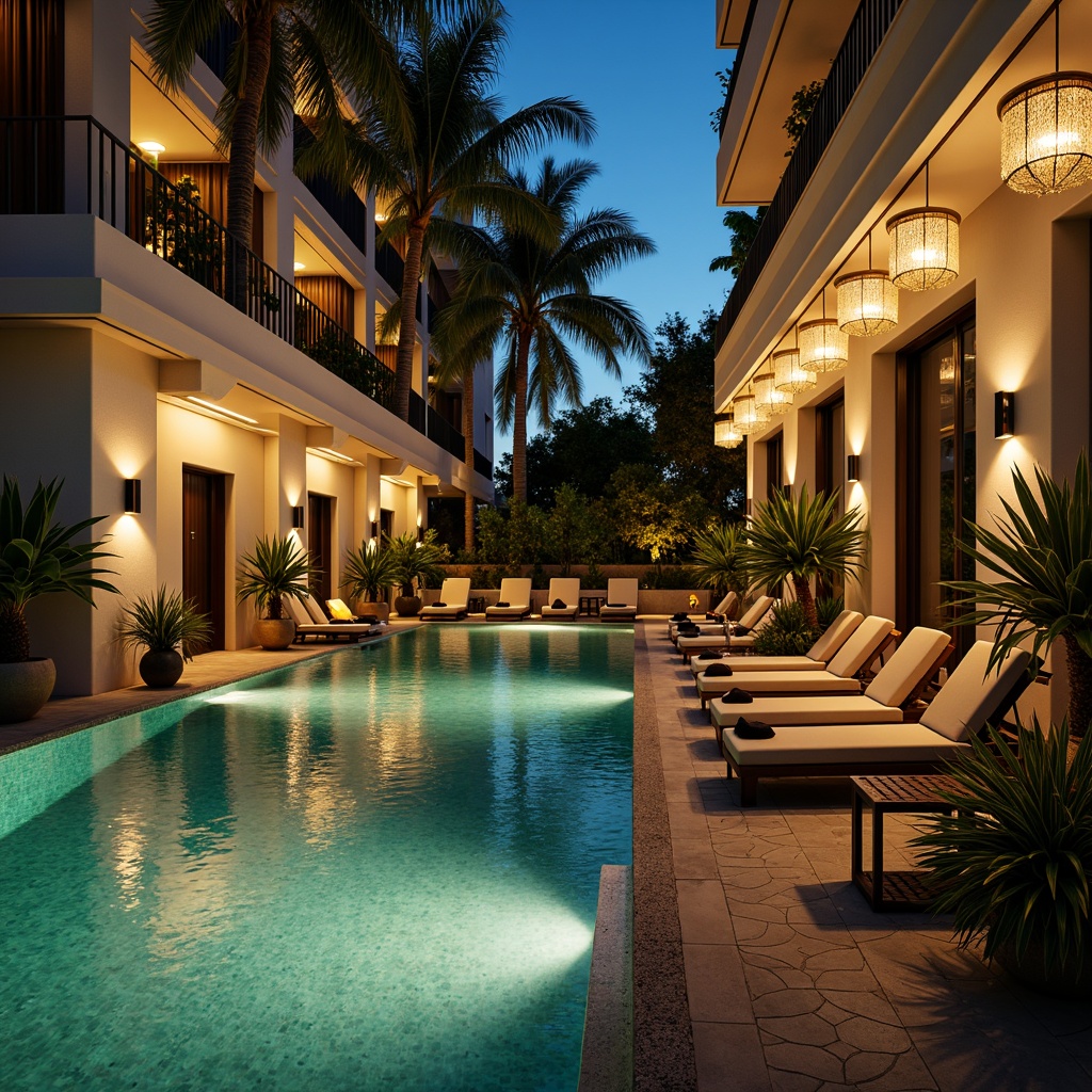 Prompt: Luxurious poolside ambiance, ornate metal lanterns, crystal droplet chandeliers, bronze sconces, geometric patterned tiles, turquoise water, sleek modern Art Deco architecture, lavish outdoor furniture, plush sun loungers, vibrant tropical plants, warm golden lighting, dramatic spotlights, shimmering water effects, 1/2 composition, cinematic view, high-contrast rendering.