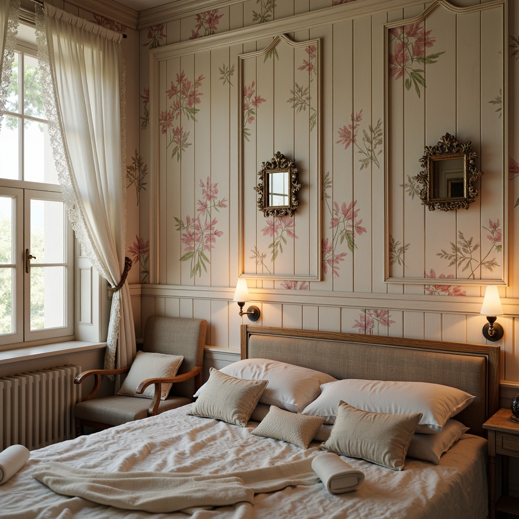 Prompt: Distressed wood paneling, vintage floral wallpaper, soft pastel colors, creamy whites, warm beige tones, ornate mirrors, rustic wooden furniture, delicate lace curtains, romantic candlelight, subtle texture overlay, gentle glow lighting, 1/1 composition, intimate close-up shot, realistic fabric textures, ambient occlusion.