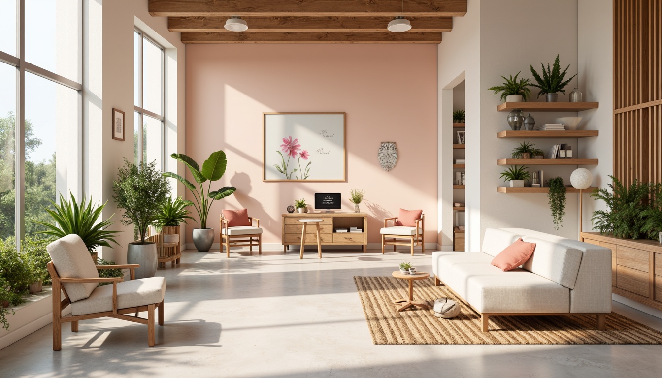 Prompt: Modern minimalist workspace, calming pastel colors, soft peach tones, creamy whites, rich wood accents, sleek metal frames, natural textiles, subtle geometric patterns, ambient warm lighting, shallow depth of field, 1/1 composition, realistic reflections, vibrant greenery, blooming flowers, inspirational quotes, ergonomic furniture, collaborative workstations.