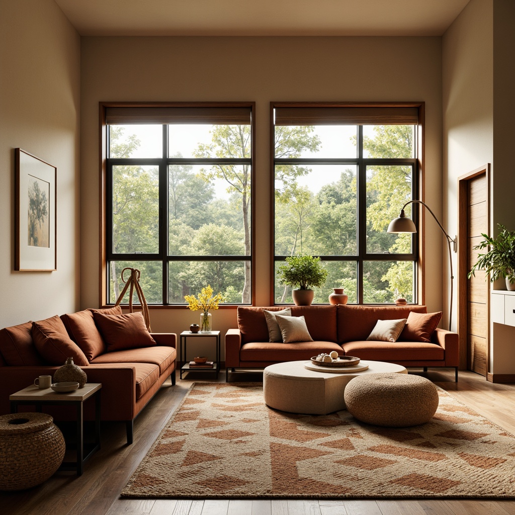 Prompt: Mid-century modern living room, warm beige walls, rich walnut wood furniture, plush velvet sofas, geometric patterned rugs, natural fiber textiles, woven baskets, organic shapes, earthy color palette, subtle grain wood accents, matte black metal frames, soft warm lighting, shallow depth of field, 1/1 composition, realistic textures, ambient occlusion.