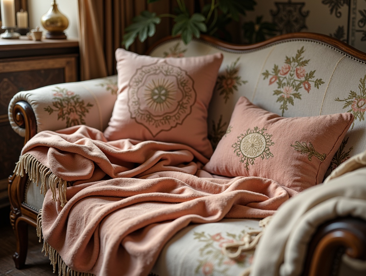 Prompt: Distressed velvet fabrics, soft peach hues, vintage floral patterns, worn leather textures, rustic wooden accents, antique furniture pieces, ornate metal details, delicate lace trimmings, faded pastel colors, natural linen weaves, subtle embroidery designs, cozy throw blankets, warm candlelight, shallow depth of field, 1/1 composition, intimate atmosphere, realistic wear and tear.