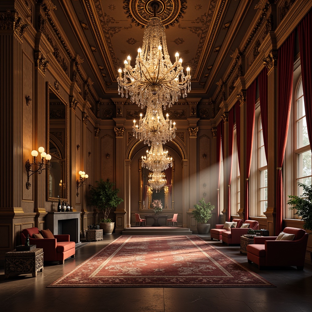 Prompt: Ornate chandeliers, crystal drops, gilded metalwork, intricate carvings, luxurious fabrics, velvet drapes, ornamental mirrors, lavish furnishings, rich wood tones, golden accents, grandiose proportions, dramatic lighting effects, soft warm glow, subtle shadows, 1/2 composition, realistic reflections, ambient occlusion.