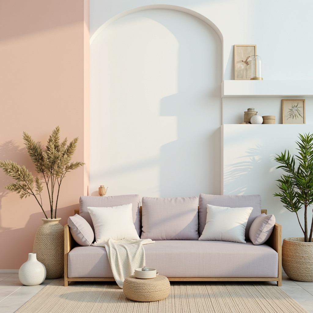 Prompt: Calming atmosphere, soft pastel hues, gentle peach tones, creamy whites, light grays, soothing blues, pale lavenders, muted greens, natural wood textures, woven fibers, organic shapes, rounded edges, warm beige accents, subtle texture overlays, shallow depth of field, 1/1 composition, soft focus, calming ambient lighting.