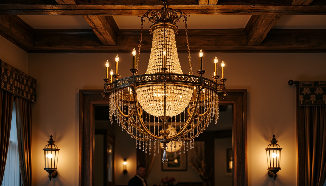 Prompt: Elegant chandelier, ornate metalwork, crystal drops, warm golden lighting, classic lanterns, distressed finishes, vintage-inspired sconces, rustic wooden beams, traditional architectural details, opulent fabrics, rich wood tones, subtle ceiling fixtures, soft warm glow, ambient illumination, 1/2 composition, realistic textures, natural materials.