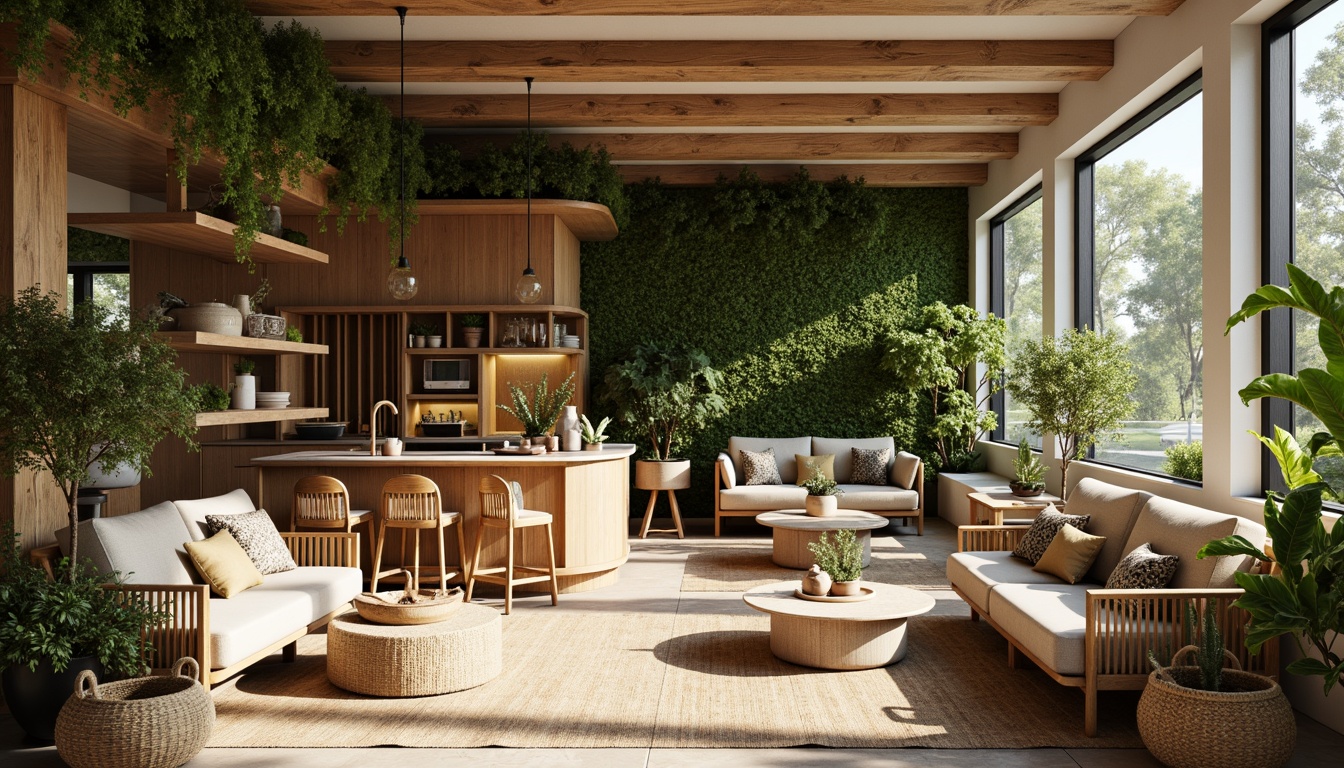 Prompt: Earthy tones, organic textures, reclaimed wood accents, living walls, green roofs, bamboo flooring, natural stone countertops, earthy ceramics, woven fibers, rattan furniture, linen upholstery, jute rugs, botanical prints, minimal ornamentation, soft warm lighting, shallow depth of field, 3/4 composition, realistic textures, ambient occlusion.