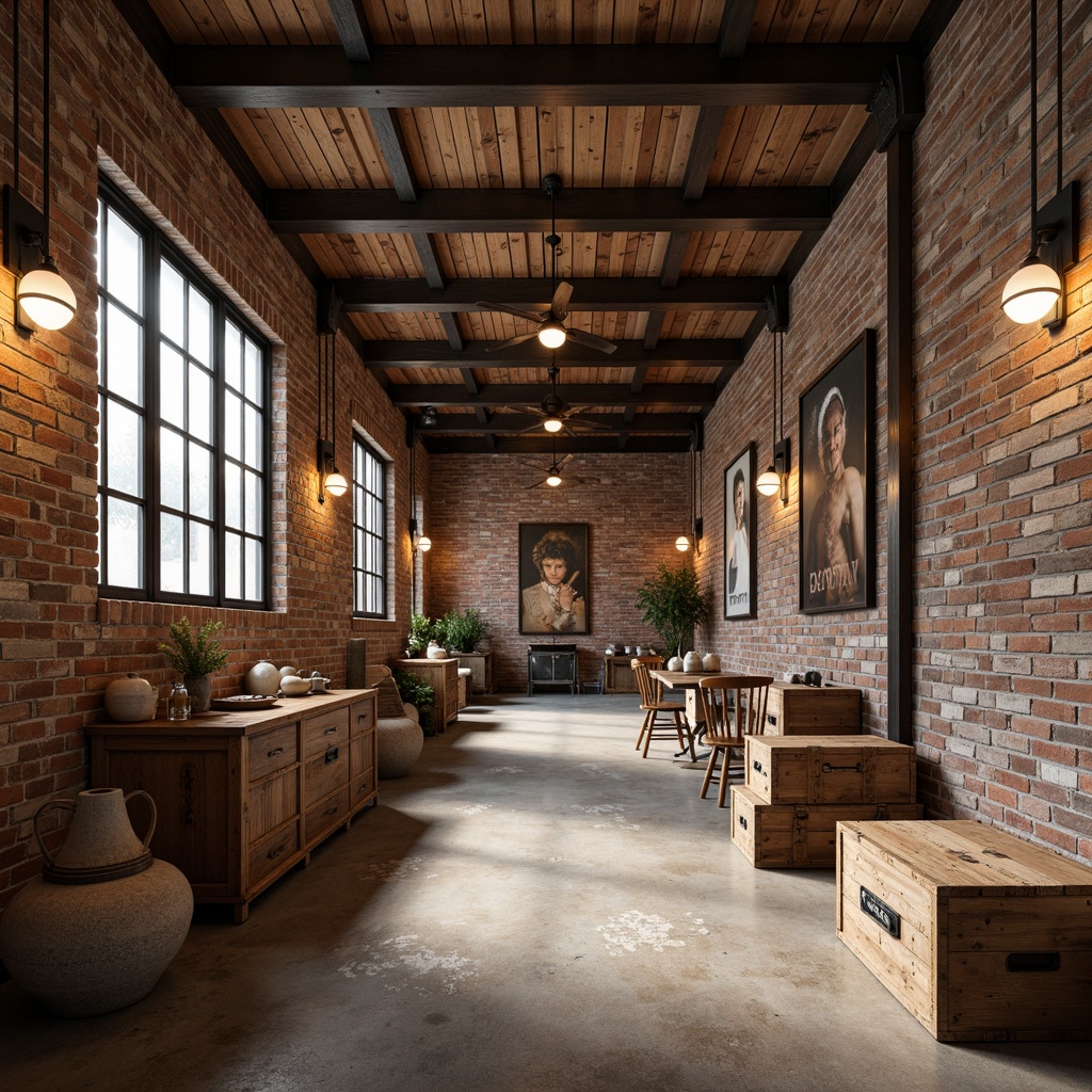 Prompt: Rustic distribution center, exposed brick walls, weathered wooden planks, distressed metal frames, earthy color palette, natural stone flooring, reclaimed wood accents, industrial lighting fixtures, metal beams, rough-hewn wooden crates, vintage signage, worn concrete surfaces, earth-toned ceramics, warm ambient lighting, shallow depth of field, 1/2 composition, realistic textures, subtle atmospheric effects.