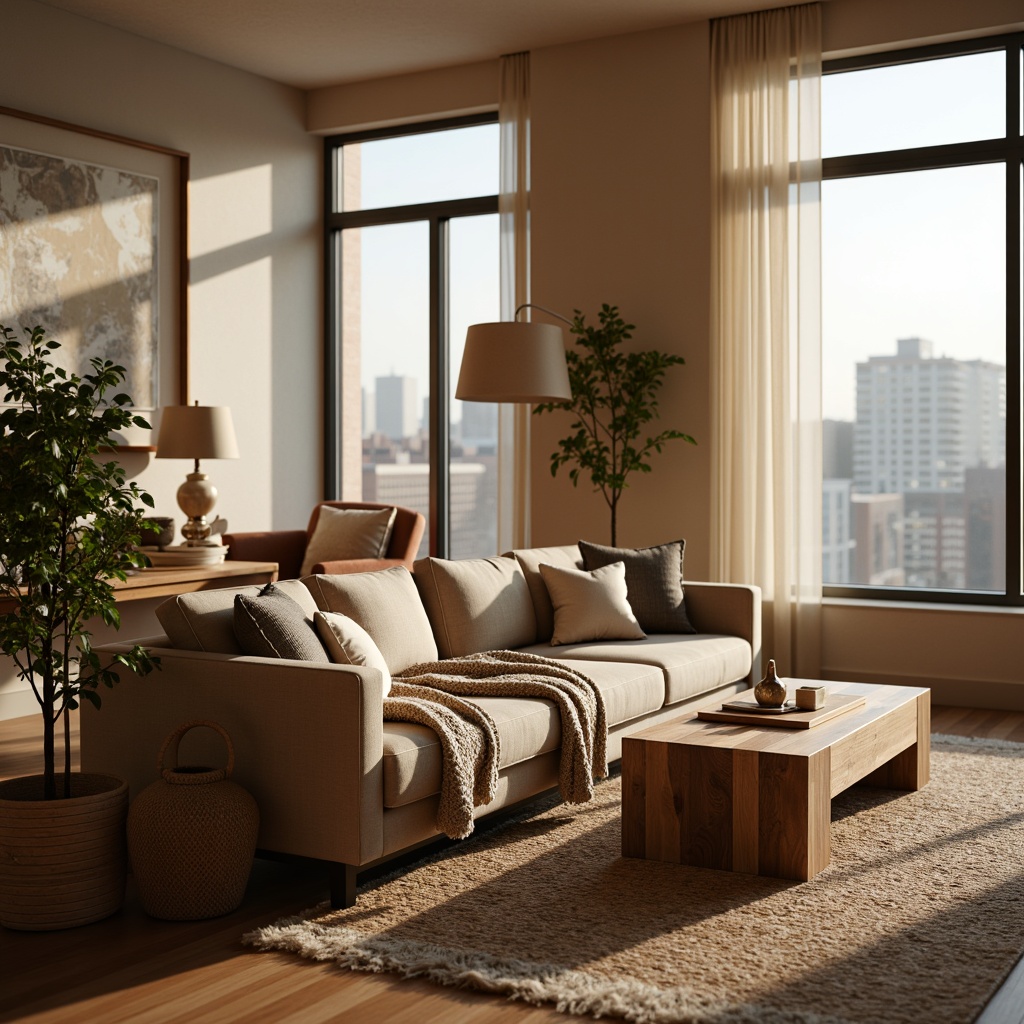 Prompt: Cozy living room, plush velvet sofa, soft cashmere throw blankets, natural woven rugs, warm beige walls, rustic wooden coffee table, modern minimalist decor, ambient floor lamps, large windows with cityscape views, gentle morning sunlight, shallow depth of field, 1/1 composition, realistic fabric textures, subtle shadowing.