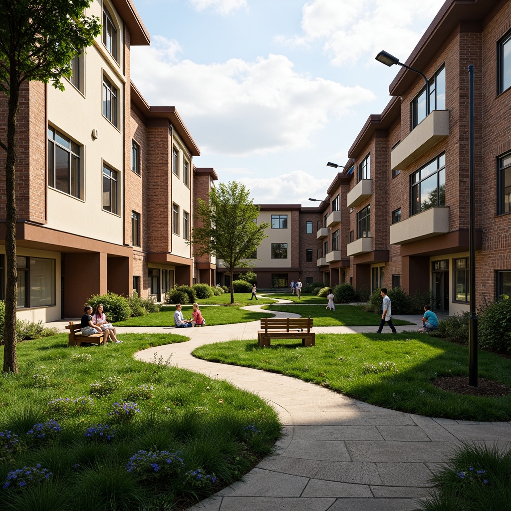 Prompt: Harmonious campus courtyard, lush green lawns, meandering walkways, rustic stone walls, wooden benches, vintage street lamps, eclectic building facades, ornate cornices, arched windows, modern minimalist accents, natural light filtering, warm earthy tones, shallow depth of field, 1/2 composition, cinematic view, realistic textures, ambient occlusion.