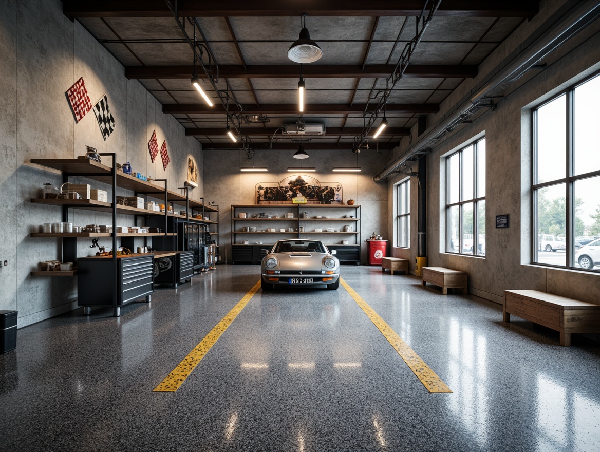 Prompt: Industrial-style garage, epoxy-coated floors, high-gloss finish, chemical-resistant surfaces, textured patterns, non-slip coatings, heavy-duty flooring, metallic accents, modern minimalist design, overhead lighting, raw concrete walls, steel beams, automotive-themed decor, racing stripes, checkered flags, vintage car displays, tool chests, workbenches, hydraulic lifts, floor-to-ceiling storage, neutral color palette, durable materials, easy maintenance, oil-stain resistant, high-traffic flooring.