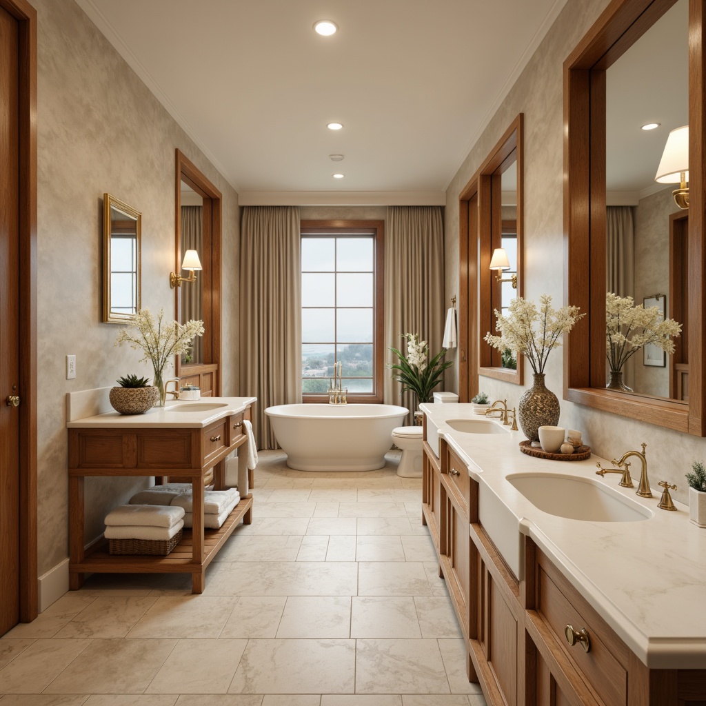 Prompt: Creamy white marble countertops, soft beige limestone flooring, warm wooden cabinetry, polished chrome fixtures, elegant ceramic sinks, ornate gold faucets, luxurious velvet towels, delicate floral patterns, subtle natural lighting, ambient shadowing, 3/4 composition, shallow depth of field, serene atmosphere, classic architectural details, symmetrical layout, harmonious color palette.