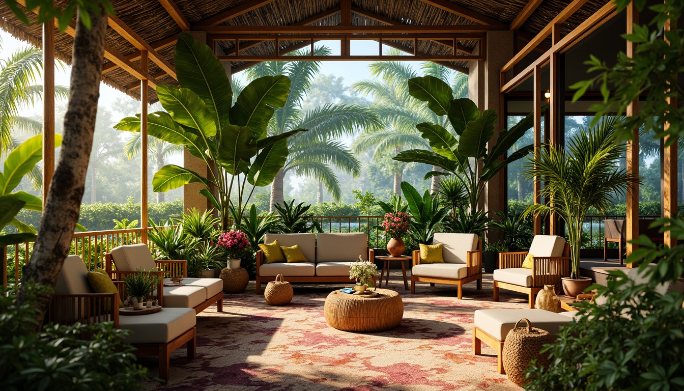 Prompt: Vibrant tropical interior, lush greenery, exotic flowers, warm wooden accents, natural rattan furniture, woven textiles, ocean-inspired blues, sunny yellows, coral pinks, palm tree silhouettes, bamboo elements, jungle-like atmosphere, soft warm lighting, shallow depth of field, 1/1 composition, realistic textures, ambient occlusion.