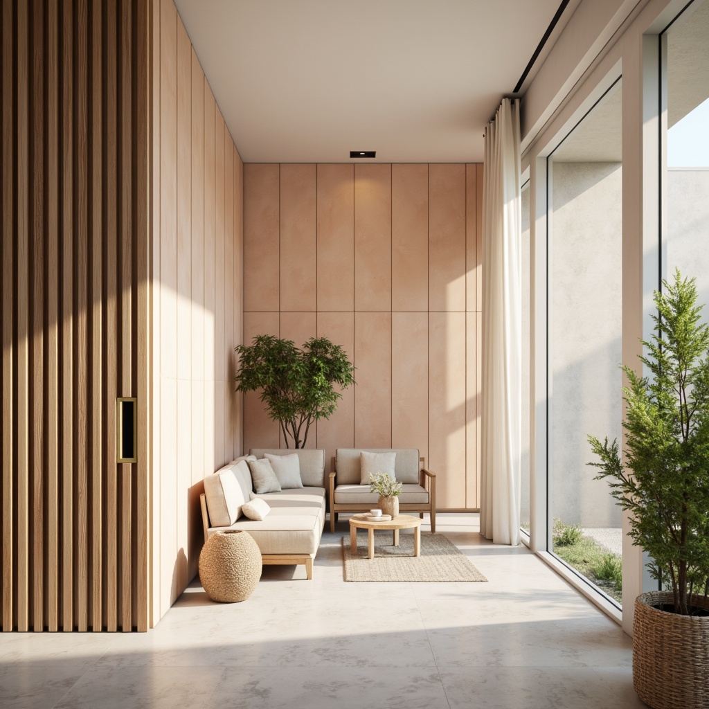 Prompt: Soft peach tones, creamy whites, warm beige hues, rich walnut wood accents, natural linen textures, elegant marble patterns, subtle golden metallic details, calming blue undertones, serene greenery, gentle sunlight filtering, shallow depth of field, 1/2 composition, realistic material rendering.