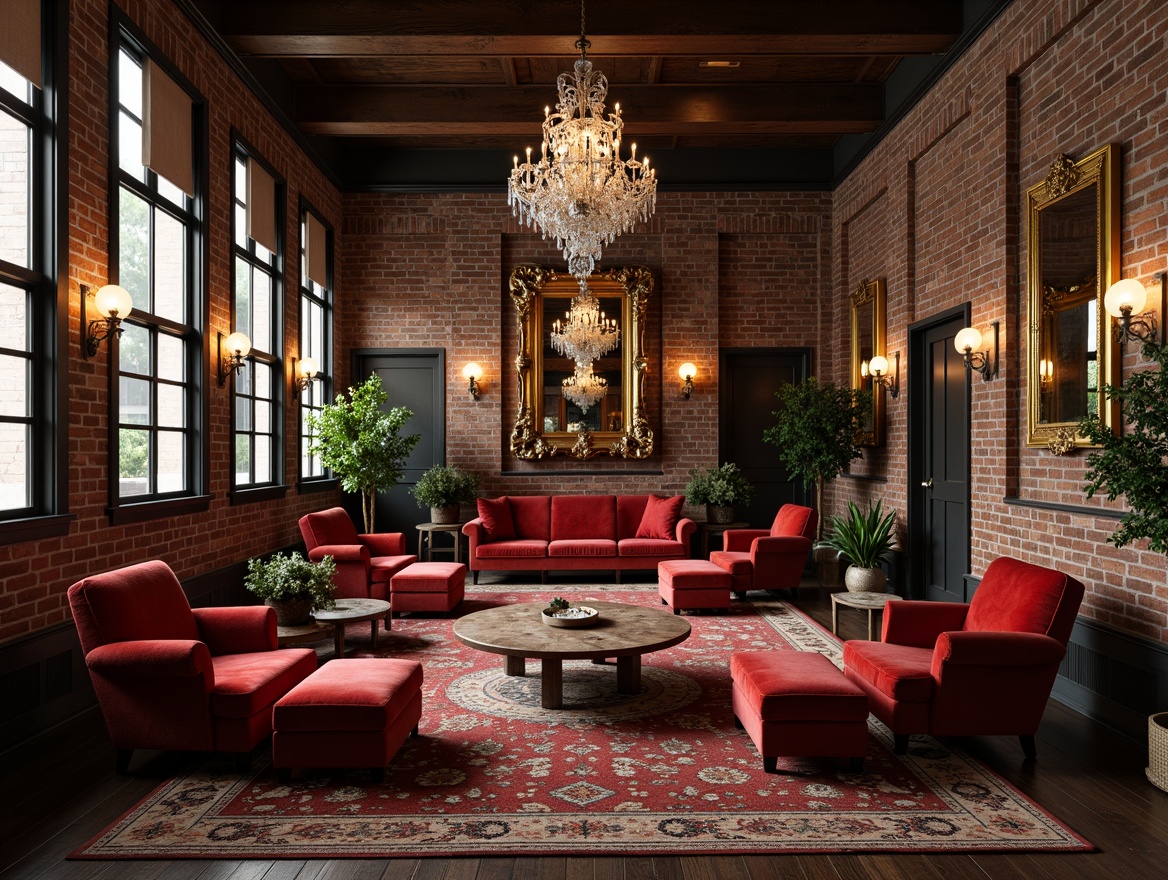 Prompt: Luxurious factory interior, distressed brick walls, high ceilings, industrial chic decor, rich dark wood tones, ornate gold accents, velvety soft furnishings, plush armchairs, tufted ottomans, crystal chandeliers, intricate carvings, gilded mirrors, lavish textiles, bold color schemes, dramatic lighting, atmospheric shadows, 1/1 composition, realistic reflections, ambient occlusion.