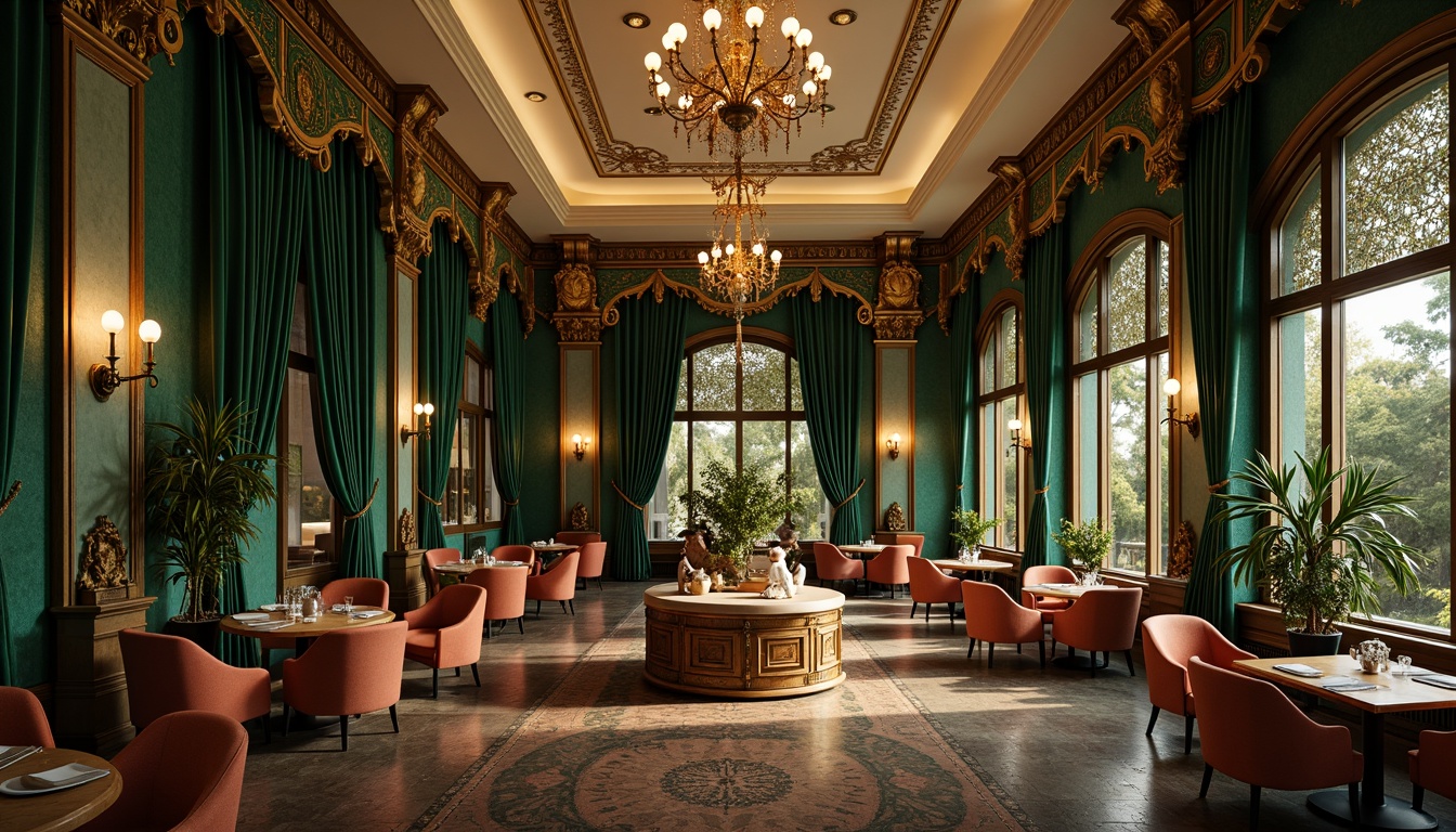 Prompt: Richly ornamented dining room, Art Nouveau-inspired furniture, sinuous lines, flowing curves, organic motifs, luxurious velvet drapes, jewel-toned emerald green walls, warm golden lighting, ornate metalwork, floral patterns, natural materials, elegant wooden tables, comfortable curved chairs, soft cream-colored ceilings, intricate moldings, vintage bronze fixtures, lavish crystal chandeliers, whimsical nature-inspired accents, romantic ambiance, low-key dramatic shadows, shallow depth of field, 1/1 composition, warm atmospheric lighting.