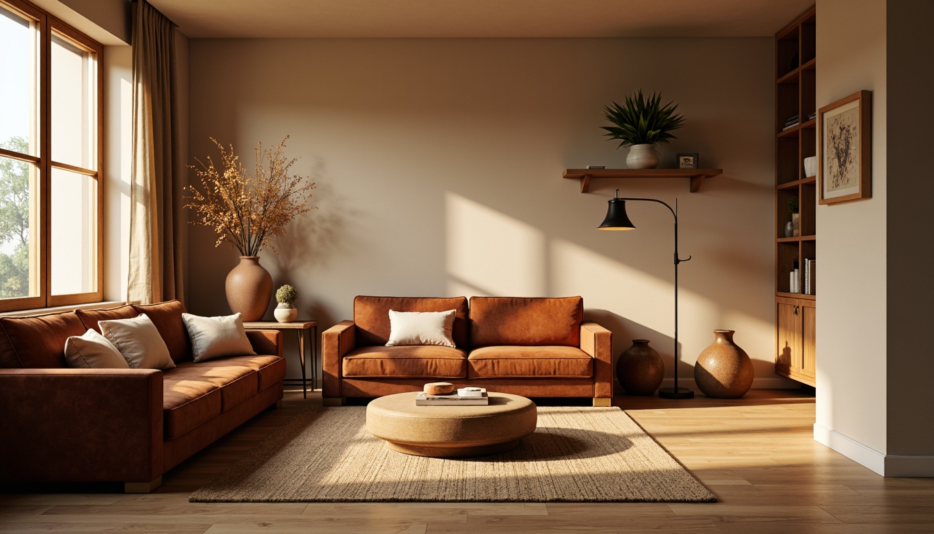 Prompt: Cozy living room, warm beige walls, rich walnut wood furniture, plush velvet sofas, soft golden lighting, earthy terracotta vases, natural fiber rugs, comfortable sectional couch, minimalist coffee table, elegant floor lamps, serene atmosphere, subtle texture contrast, harmonious color balance, 1/2 composition, soft focus, warm color temperature.