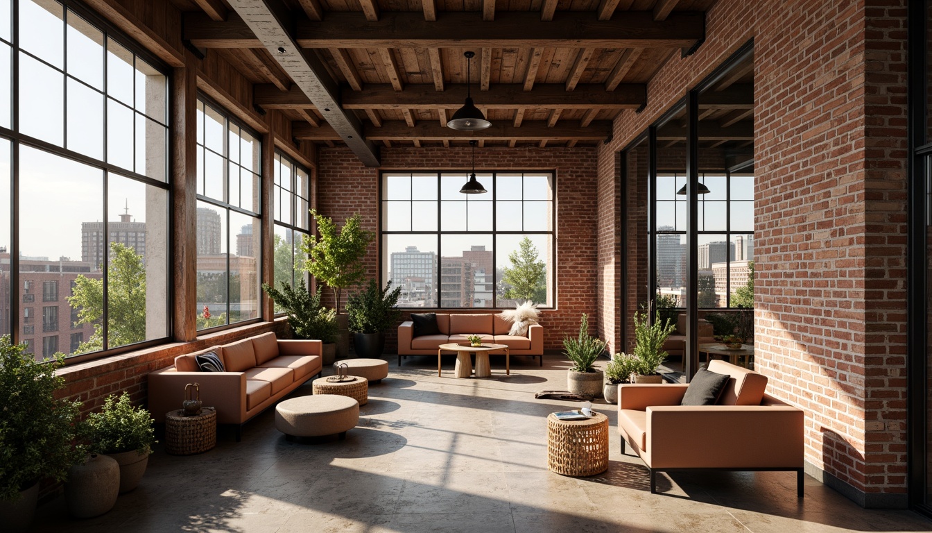 Prompt: Exposed brick walls, reclaimed wood accents, metal beams, industrial chic decor, vintage furniture pieces, earthy tone color palette, natural stone flooring, cozy reading nooks, floor-to-ceiling windows, urban cityscape views, soft warm lighting, shallow depth of field, 3/4 composition, panoramic view, realistic textures, ambient occlusion.