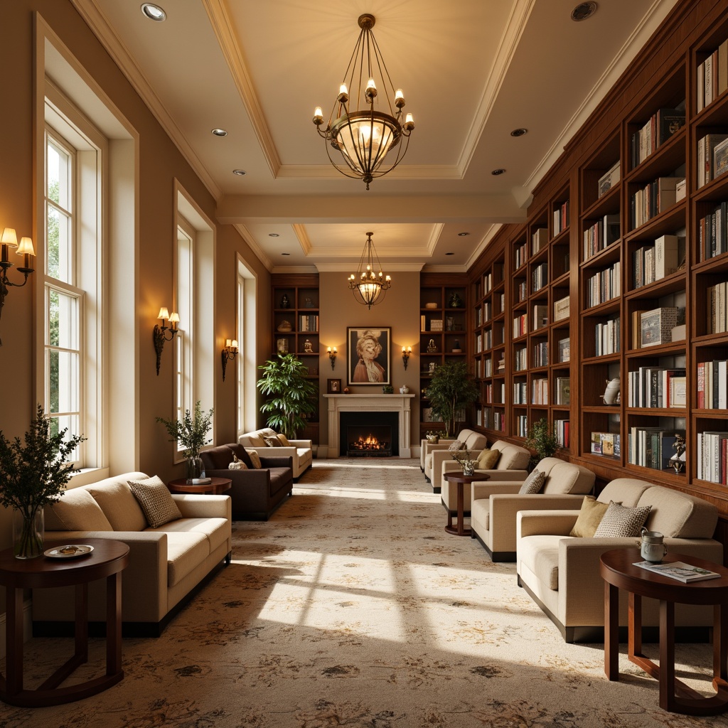 Prompt: Warm beige walls, rich wood tones, plush carpeting, comfortable reading nooks, elegant chandeliers, sophisticated shelving units, floor-to-ceiling bookcases, cozy fireplace settings, soft golden lighting, creamy white trim, subtle texture contrasts, earthy brown accents, calming atmosphere, serene ambiance, 1/2 composition, shallow depth of field, realistic textures, ambient occlusion.