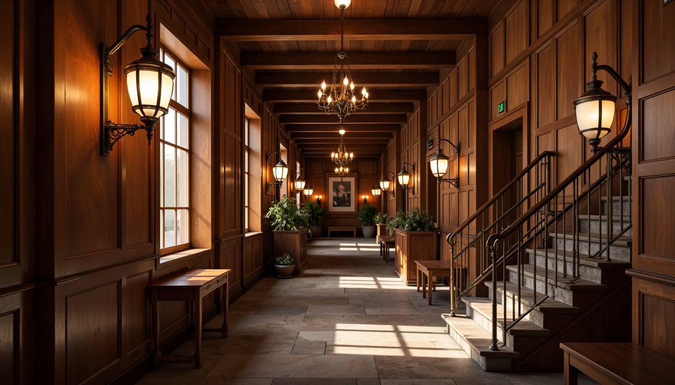 Prompt: Warmly lit courthouse hallway, ornate wooden paneling, richly stained wood accents, classic Craftsman style, nostalgic lanterns, bronze metalwork, soft warm glow, subtle shadows, decorative sconces, vintage-inspired lighting fixtures, frosted glass shades, rustic metal brackets, distressed wood beams, earthy color palette, natural stone flooring, grand staircase, ornate chandelier, inviting ambiance, dramatic high ceilings, elegant architectural details.